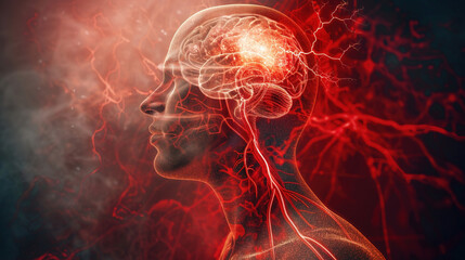 Migraine manifestation, throbbing cerebral arteries, pain signaling, stress effects on brain - obrazy, fototapety, plakaty