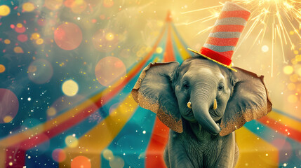 Cheerful elephant wearing a circus hat, colorful stripes background, circus tent stripes and sparklers