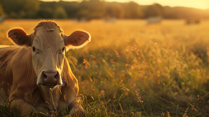 Cow in pasture, golden hour illumination, pastoral clarity, relaxed posture - obrazy, fototapety, plakaty
