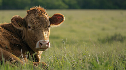 Cow in pasture, golden hour illumination, pastoral clarity, relaxed posture - obrazy, fototapety, plakaty