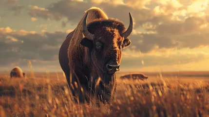 Zelfklevend Fotobehang Bison in the prairie, robust form, dynamic weather conditions © Creatizen