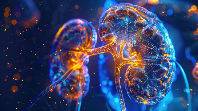 Energetic renal system, kidney glow, urinary tract illumination, nephron detail, fluid balance visualization