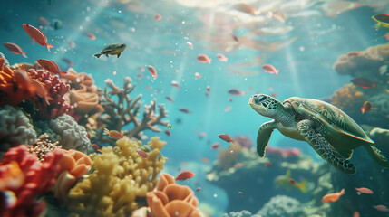 Fototapeta na wymiar Turtle in the reef, full ecosystem view, symbiotic interactions, coral and marine life