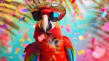 Raamstickers Flamboyant parrot with sunglasses, tropical hat, vivid colored background © Creatizen