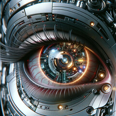 Close-up of a cyborg woman's eye, blending advanced tech and biology, with visible circuits and a glowing aura.