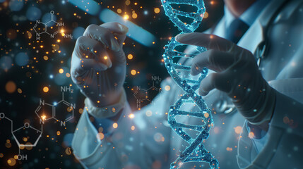 Genetic engineering scientists work with DNA, the human genetic code in a holographic virtual environment, modern genetic engineering