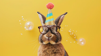 Rabbit with a tiny, colorful party hat on its head, clear glasses - obrazy, fototapety, plakaty