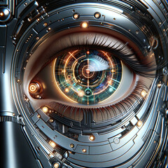 Close-up of a cyborg woman's eye, blending advanced tech and biology, with visible circuits and a glowing aura.