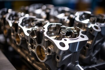 Automobile Engine's Cylinder Head Gleaming in the Factory Light Before Assembly