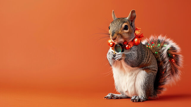 Squirrel with a monocle and a festive bow around its neck