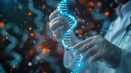 Scientist studies genetic code, DNA strand on virtual hologram, medicine of the future