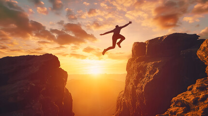 Man Jumping Off Cliff at Sunrise in Stylish Digital Art