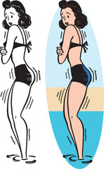 A vintage retro cartoon of a woman shivering as she steps into cold water at the beach. 