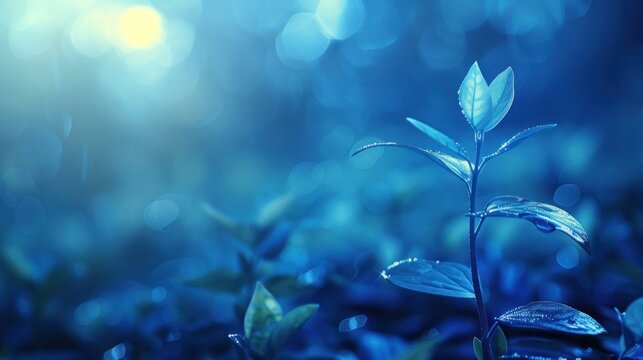 Growing plant on blurry blue nature background. AI generated image