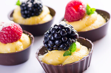 Traditional German chocolate tartlets with vanilla pudding and fruits in a chocolate bowl