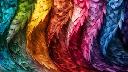 Vivid, overlapping feathers form a rainbow spectrum against a dark backdrop. - obrazy, fototapety, plakaty