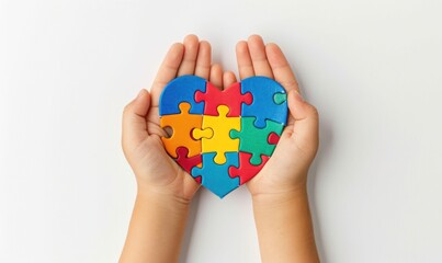 Child hands holding heart shaped colorful puzzle - obrazy, fototapety, plakaty
