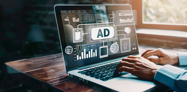 
Person typing on laptop, ad icon floating above keyboard displaying graphs and "AD" text. Gray ad icons emphasize digital marketing, another screen shows traffic growth data.