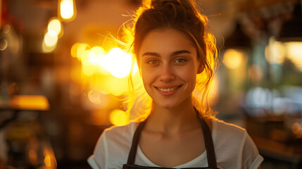 Girl, waiter, barista cook, service staff against the background of the setting sun indoors, a beautiful portrait in the golden hour