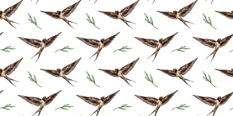 Swallow watercolor clipart illustration seamless pattern birds songbird leaves feathers fauna nature animals ecological