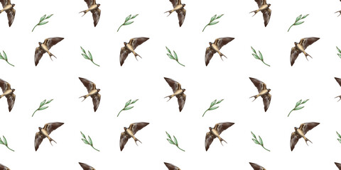 Swallow watercolor clipart illustration seamless pattern birds songbird leaves feathers fauna nature animals ecological