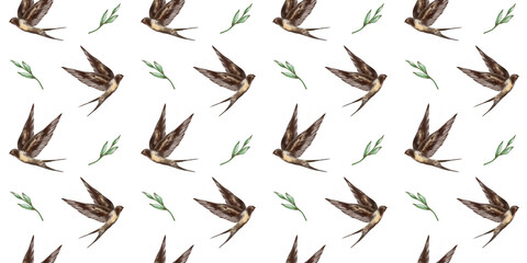Swallow watercolor clipart illustration seamless pattern birds songbird leaves feathers fauna nature animals ecological