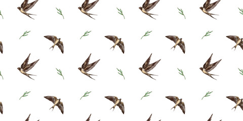 Swallow watercolor clipart illustration seamless pattern birds songbird leaves feathers fauna nature animals ecological