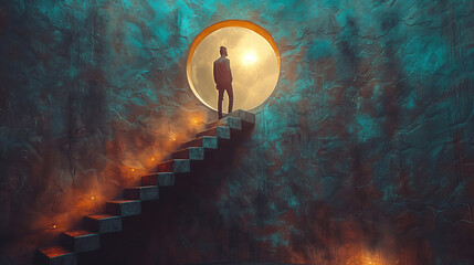 A man stands at the top of a staircase, looking out a window with light, concept of overcoming obstacles and achieving goals - obrazy, fototapety, plakaty