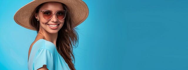 Happy woman in straw hat and sunglasses on pastel blue background. Woman isolated face portrait, banner with copy space background. - obrazy, fototapety, plakaty