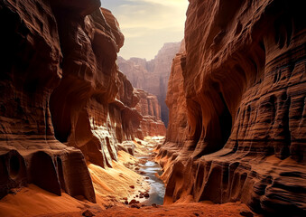 A canyon with a river running through it. The canyon is deep and narrow, with a lot of rocks and sand. The sun is shining brightly, creating a warm and inviting atmosphere
