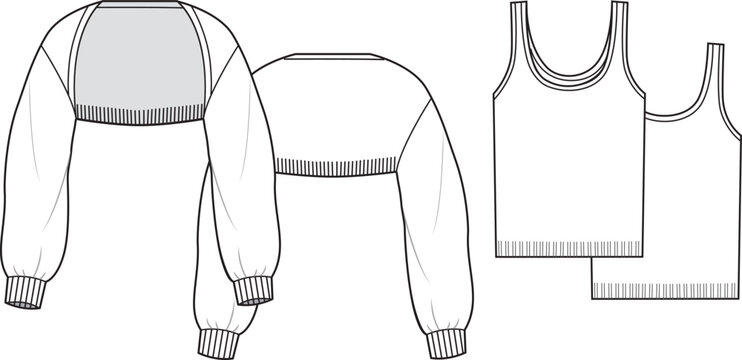 Women's Knit Shrug and Knit Top. Technical fashion illustration. Front and back, white colour. Women's CAD mock-up.