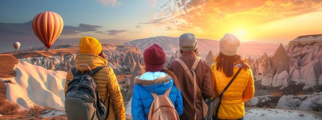 Group friends tourists in Cappadocia with backpacks watch hot air balloon with sunset, adventure Turkey Travel banner. Generation AI - obrazy, fototapety, plakaty