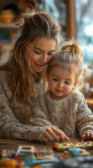 Fototapeta premium Mom with a kid playing in educational toys,ai