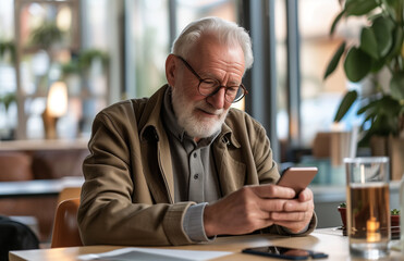 Elderly man using a smartphone, engrossed in modern technology in a home office setting.