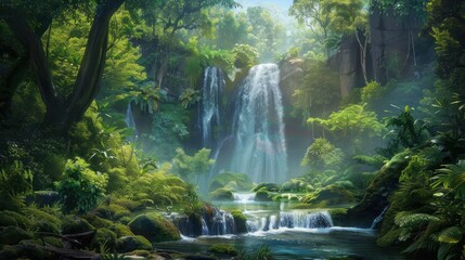 Fototapeta na wymiar Beautiful landscape view of a waterfall in a green forest. AI generated image