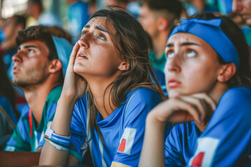 A group of male and female Italian football fans sit in the stadium with very sad faces and distressed expression and Hands clasped together desperately over her heads after losing the game 