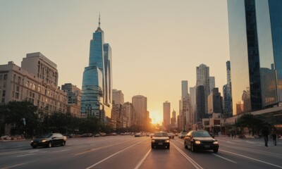 Golden hour bathes the cityscape in warm light as traffic flows smoothly along the bustling avenue....