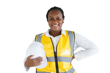Isolated with clipping path on white background. Senior professional African black female real estate foreman inspecting inside the building construction.