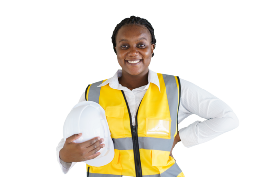 Isolated with clipping path on white background. Senior professional African black female real estate foreman inspecting inside the building construction.