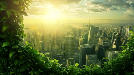 Tuinposter Green and lush city skyline with golden light, To promote sustainable and eco-friendly urban design and innovation © Panida
