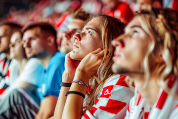 A group of male and female Croatian football fans sit in the stadium with very sad faces and distressed expression and Hands clasped together desperately over her heads after losing the game  - obrazy, fototapety, plakaty