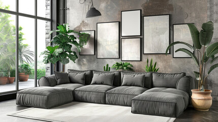 Living room featuring sizable couch with numerous cushions and several potted plants placed around the room