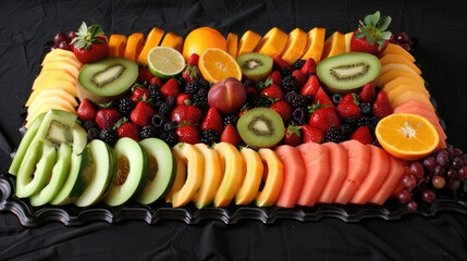 A platter of colorful fruit is artfully arranged on a black cloth, creating a visually appealing display of fresh and vibrant produce - Powered by Adobe