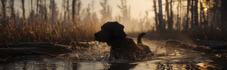 A dog wades joyfully in a forest stream, with sunlight filtering through the trees at dusk