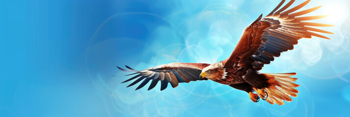 A powerful eagle spreads its wings wide, gliding gracefully under the vibrant blue sky, bathed in sunlight