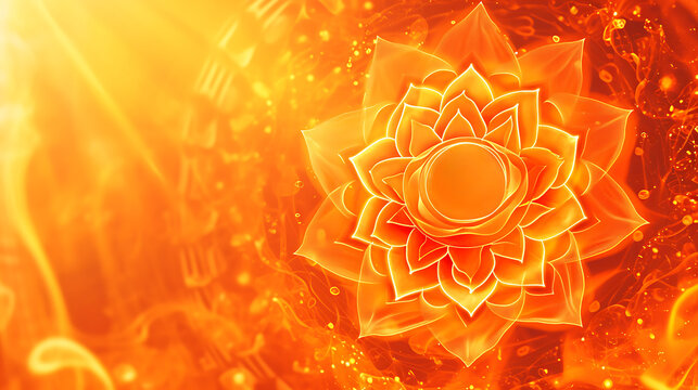 Embrace sacral chakra meditation in a yoga lotus pose with the Svadhisthana chakra symbol. Peaceful decor enhances the meditation and energy healing atmosphere, showcasing the Svadhishthana chakra. 