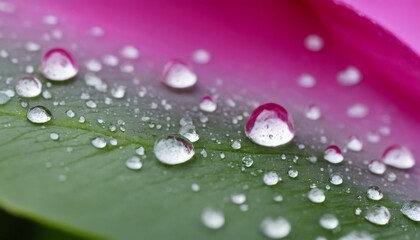 Raindrops cling to the edge of a lush green leaf, captured in an exquisite macro shot. The contrast of pink and green hues highlights the leaf's delicate veins. AI generation
