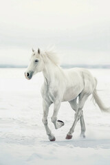 Obraz na płótnie Canvas White horse galloping through snow-covered landscape, leaving a trail of hoof prints behind