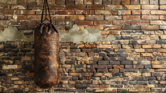 Punch bag on aged brick wall background with vintage style background. AI generated image
