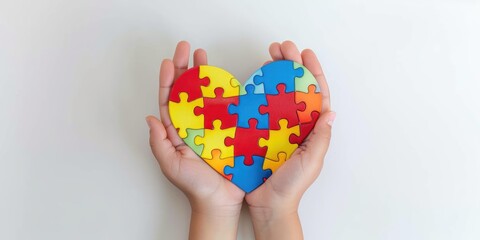 Child hands holding heart shaped colorful puzzle - obrazy, fototapety, plakaty